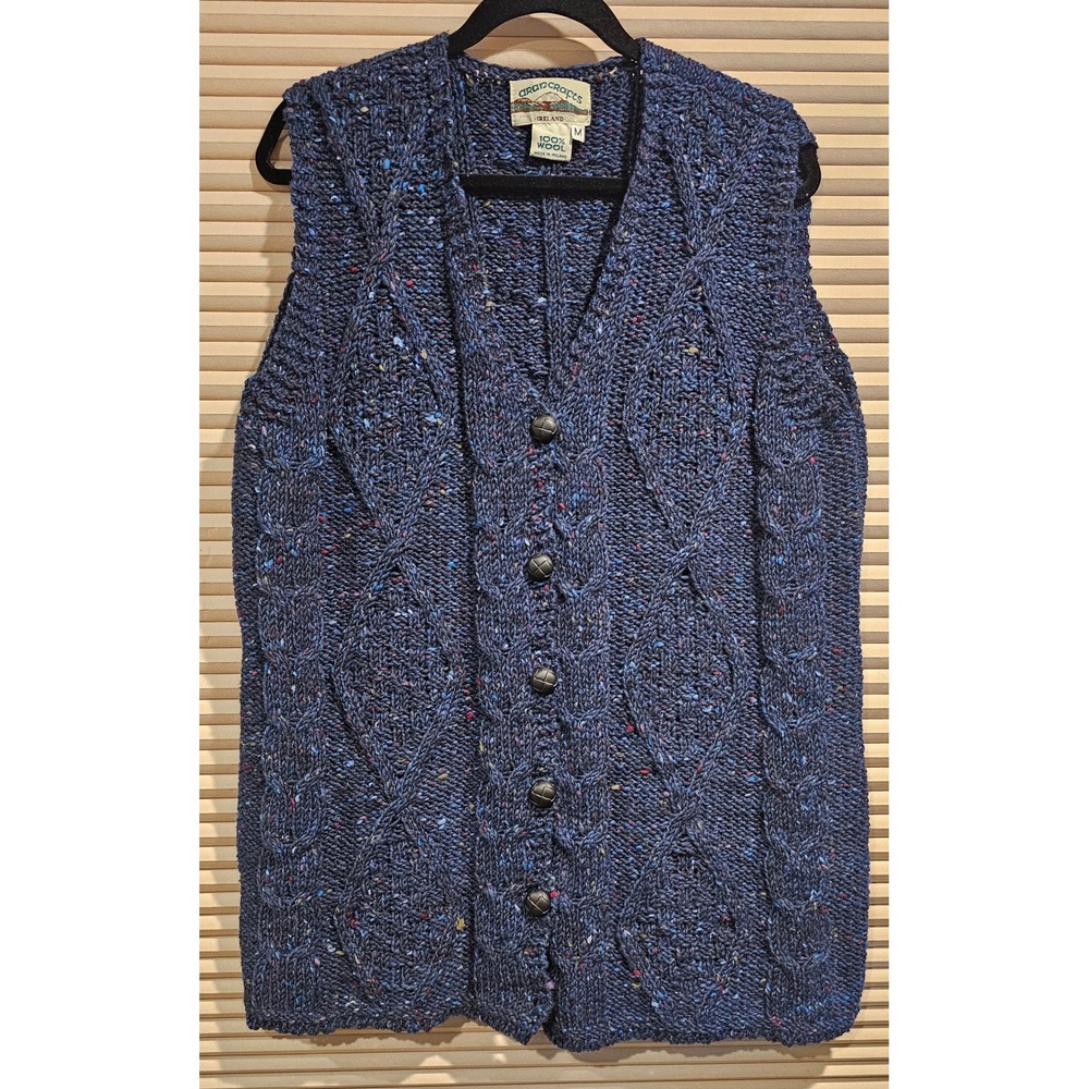 Aran Crafts Ireland Blue Wool Cable Knit Confetti Fleck Cardigan Vest Medium